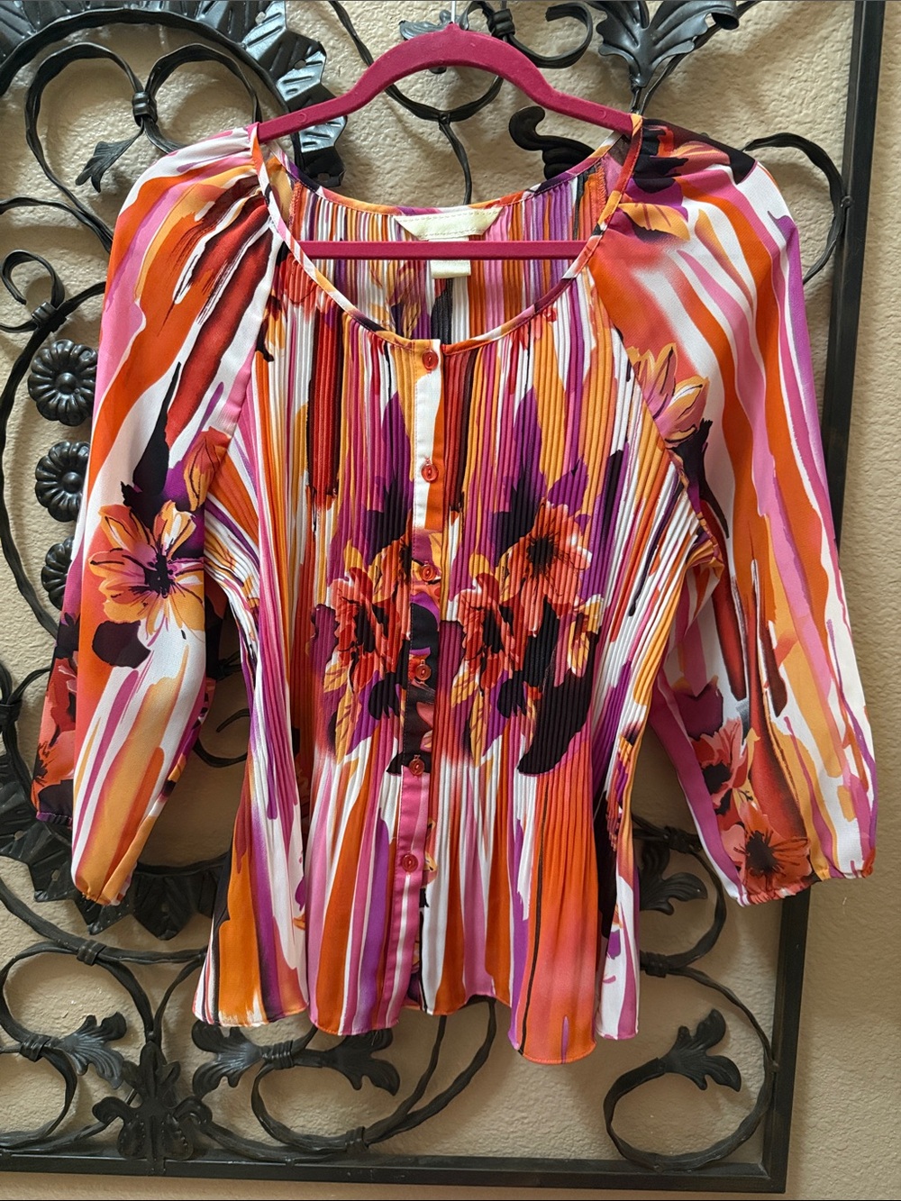 Floral Stripe Button-Front Women’s Blouse in Pink & Orange Size L